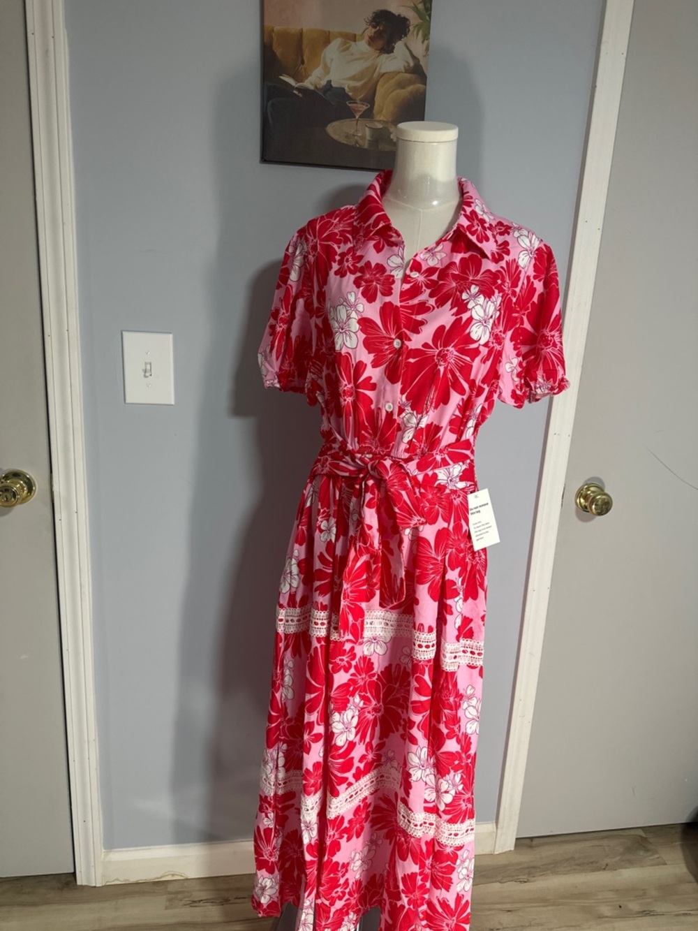 Grace Karin Pink & Red Floral Tie-Waist Maxi Shirt Dress